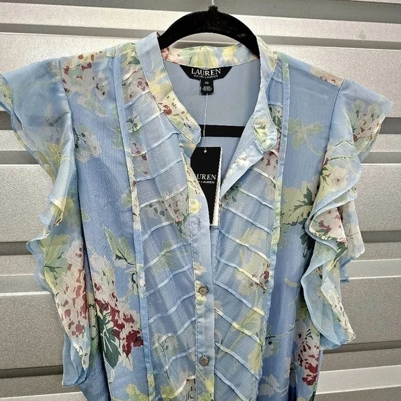 NWT Ralph Lauren Chiffon Floral Ruffled Cap Sleeved - Picture 2 of 10